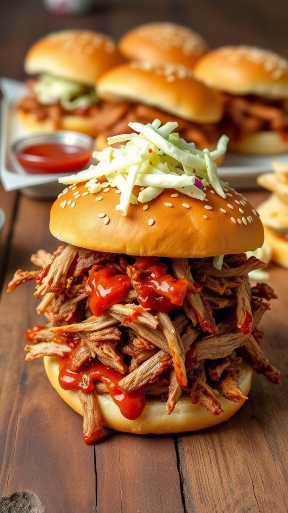 Pulled pork sandwich with coleslaw on a wooden table, featuring a side of barbecue sauce.